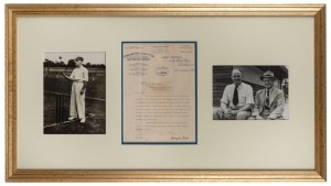 A framed display featuring an original photograph of Clarrie Grimmett practising his ball spinning; a photograph of Grimmett and Bill O'Reilly, signed by the two great bowlers; also, a September 1926 letter to Grimmett (then at the Hotel Cecil in London w