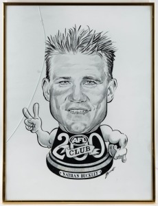 BUCKLEY'S 200th GAME: A caricature of Nathan Buckley drawn by artist Col Bodie, to commemorate Buckley’s 200th AFL game in 2002. The black and white caricature is presented in a gold frame.