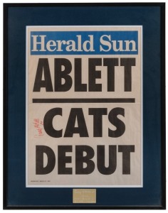 GEELONG: Herald Sun poster announcing ABLETT CATS DEBUT. Signed by Gary Ablett Jr. on the occasion of his debut against Essendon, Round One, 30th March 2002. framed and glazed. Overall 73 x 56cm.