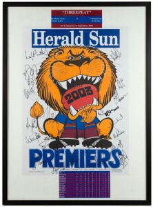 Herald Sun Brisbane Lions premiership poster 2003. Signed by the whole team. Framed and glazed. Overall 87 x 63cm.