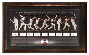 'The All-Conquering Ashes Captains Masters in Command' Photographic display featuring images and signatures of Australian captains Richie Benaud, Bob Simpson, Bill Lawry, Ian Chappell, Greg Chappell, Alan Border, Mark Taylor, Steve Waugh, and Ricky Pontin