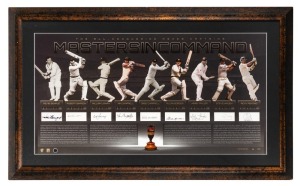'The All-Conquering Ashes Captains Masters in Command' Photographic display featuring images and signatures of Australian captains Richie Benaud, Bob Simpson, Bill Lawry, Ian Chappell, Greg Chappell, Alan Border, Mark Taylor, Steve Waugh, and Ricky Ponting. Limited edition 6/200. Signed by all nine captains, Framed and glazed with certificate of authenticity. Overall 59 x 96cm.