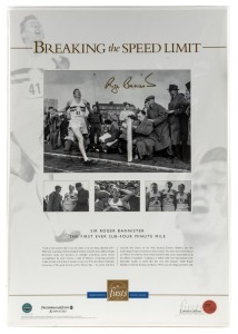 THE FIRST SUB-FOUR MINUTE MILE: Roger Bannister "Breaking the Speed Limit" signed limited edition displays (#217, 218, 293, 294 & 404/500), all with PWC/Firsts Authentication. The image shows Bannister crossing the finishing line on May 6, 1954 to become the first person recorded running a mile in under 4 minutes. Each overall 50 x 34cm.