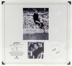 RON BARASSI limited edition (#112/350) signed photograph of him in full flight (after a big kick); signed "Ron Barassi 31" and accompanied by a Legends CofA. Overall 30 x 32cm.