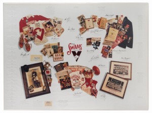 SOUTH MELBOURNE/SYDNEY SWANS FOOTBALL CLUB Great Moments poster (1996) limited edition (#322/500) signed by 15 club legends, including Barry Round, Dennis Carroll, Peter Bedford, Bob Pratt, Gerard Healy, Bob Skilton and Tony Lockett. With CofA; overall 66 x 92cm.