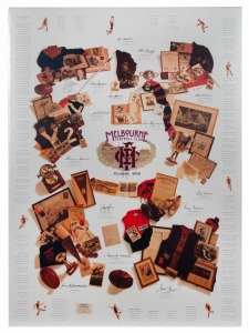 MELBOURNE FOOTBALL CLUB Great Moments poster (1996) limited edition (#439/501) signed by 15 club legends, including Jim Stynes, Ron Barassi, Hassa Mann, Jim Cardwell, Garry Lyon, Robert Flower and Brian Dixon. With CofA.Overall 91 x 67cm.