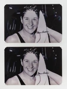 1960 ROME OLYMPICS: DAWN FRASER, original signatures on two lovely photographs of her following a gold-medal swim at the Rome Olympics, each 20 x 30cm.