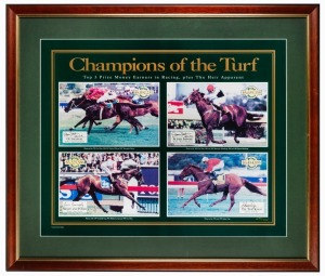 Framed display titled 'Champions of the Turf' depicting 'Octagonal', 'Super Impose,' 'MIght And Power,' and 'Tie The Knot.' Depicting in action with their jockeys up (signed by all jockeys; Beadman, Cassidy, and Dye) and with a summary of the prize money 