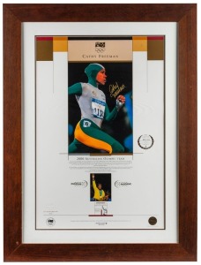 SYNEY 2000 OLYMPICS: CATHY FREEMAN signed limited edition (169/2000) Australian Olympic Team presentation with certificate of authenticity. Framed and glazed. Overall 80 x 60cm.