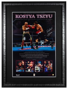 "The Thunder from Down Under" Kostya Tszyu signed display featuring highlights from his world championship victory in Melbourne in January 2003; limited edition 485/500 with certificate of authenticity. framed and glazed. Overall 105 x 78cm.