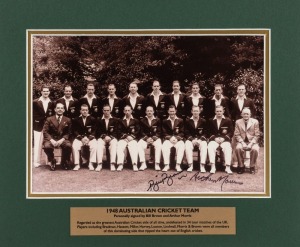 Signed photographs: Bill Brown and Arthur Morris signed on a reproduction photograph of the 1948 Invincibles, plus individual signed photographs of Greg Chappell, Kim Hughes, Jeff Thomson; together with two reproduction early cricket scenes (six items), a