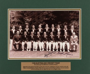 Signed photographs: Bill Brown and Arthur Morris signed on a reproduction photograph of the 1948 Invincibles, plus individual signed photographs of Greg Chappell, Kim Hughes, Jeff Thomson; together with two reproduction early cricket scenes (six items), all individually matted.