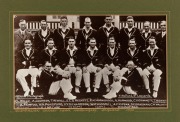 Signed photographs: Bill Brown and Arthur Morris signed on a reproduction photograph of the 1948 Invincibles, plus individual signed photographs of Greg Chappell, Kim Hughes, Jeff Thomson; together with two reproduction early cricket scenes (six items), a - 3