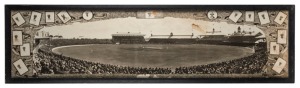 "FIRST TEST MATCH, SYDNEY DEC.18, 1920" panoramic photographic print by Alan Row & Co., Argyle St., Sydney, depicting the crowd of 40,000 watching the Australian batsmen, Macartney and Bardsley, with the Englishmen in the field. In original frame and laid down on backing board; some faults; overall 28 x 103.5cm. Australia won the first Test by 377 runs, and went on to win the 5 Test Series, 5-0.