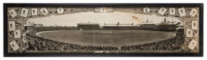 "FIRST TEST MATCH, SYDNEY DEC.18, 1920" panoramic photographic print by Alan Row & Co., Argyle St., Sydney, depicting the crowd of 40,000 watching the Australian batsmen, Macartney and Bardsley, with the Englishmen in the field. In original frame and laid