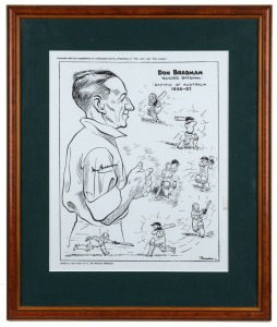 DON BRADMAN, original signature on reproduction print of a 1936/37 Don Bradman 'Wonder Batsman' magazine illustration, framed and glazed, overall 48 x 40cm.