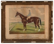 "MALUA&nbsp;- Winner of the Melbourne Cup 1884" colour lithograph, printed an published by Fred Woodhouse Jnr.; with hand-painted highlights; in original frame, circa 1890s, overall 60 x 73.5cm.