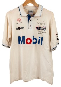 HOLDEN (MOBIL) RACING TEAM SHIRT, 1985-86, signed by Peter Brock, Mark Skaife, Craig Lowndes, Todd Kelly, Jason Bright and Greg Murphy.