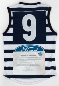 GEELONG FOOTBALL CLUB HERITAGE ROUND GUERNSEY (No.9) worn by James Kelly in Round 20, Geelong v Melbourne, 13th August 2005. Signed by Kelly and with an accompanying CofA signed by Brian Cook, Geelong Chief Executive.