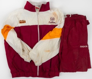Brisbane Bears tracksuit worn by Nathan Buckley during the 1993 season. Maroon, yellow and white Diadora tracksuit jacket with CUB and Brisbane Bears badging. With matching maroon Diadora track pants.