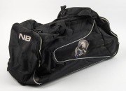 Nathan Buckley&rsquo;s Collingwood coaching kit bag, circa 2015. Large black soft kit bag on wheels with &lsquo;NB&rsquo; printed to one end; Collingwood, Star Athletics, CGU and Emirates logos along sides.