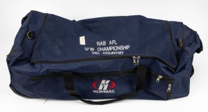 Nathan Buckley’s kitbag from the Victorian under-16s championships in 2009. Large Kombat bag with ‘NB’ initials written on side.