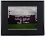 Small framed photos of the cheer squad banners for Nathan Buckley’s 50th, 100th and 150th games. Each one individually framed. - 2