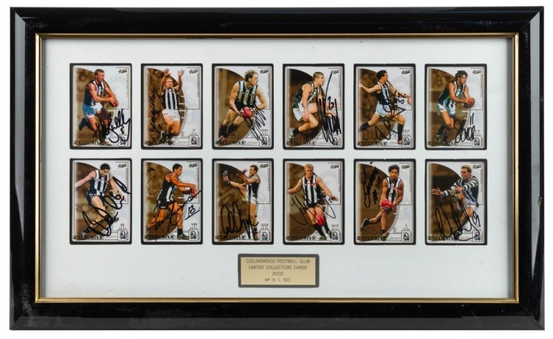 Framed group of 12 Collingwood Select cards for 2002, each card having been signed by the relevant player. Players featured are: Nathan Buckley, Anthony Rocca, Jarrod Molloy, Ryan Lonie, Shane O’Bree, Paul Licuria, Tarkyn Lockyer, Nick Davis, Josh Fraser,