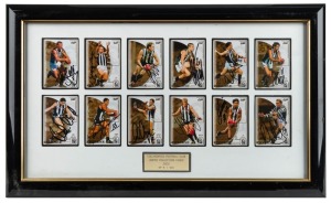 Framed group of 12 Collingwood Select cards for 2002, each card having been signed by the relevant player. Players featured are: Nathan Buckley, Anthony Rocca, Jarrod Molloy, Ryan Lonie, Shane O’Bree, Paul Licuria, Tarkyn Lockyer, Nick Davis, Josh Fraser, Chris Tarrant, Brodie Holland, Leon Davis. Limited edition #5 of 100.