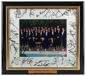 Collingwood season launch 1999. Framed, signed photo of players, officials and past players at Collingwood’s season launch for 1999 with all players dressed in formal wear. Photo and signatures include Nathan Buckley, Phil Carman, Lou Richards, Thorold Me