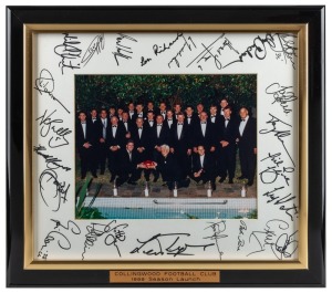 Collingwood season launch 1999. Framed, signed photo of players, officials and past players at Collingwood’s season launch for 1999 with all players dressed in formal wear. Photo and signatures include Nathan Buckley, Phil Carman, Lou Richards, Thorold Merrett, Len Thompson, Bob Rose, Ross Dunne, Scott Burns, Ray Gabelich, Paul Williams, Des Tuddenham, Tony Shaw, Terry Waters, Peter McKenna, Peter Daicos, Michael Christian and Gavin Crosisca.