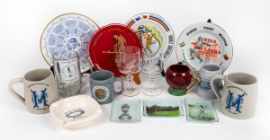 A group of cricket-themed mugs and glasses (8), plus four plates, and four ashtrays. The plates are accompanied by four stands.