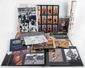 GEELONG FOOTBALL CLUB & GENERAL: A large tub containing scrapbooks, photos (some signed), posters (some signed), old football fixture cards, newspaper souvenirs (especially Grand Finals), mainly with a strong Geelong bias; also some cricket and other sporting memorabilia. (qty).