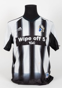 Collingwood black-and-white-striped training top/T-shirt, circa 2005-08. With ‘Wipe Off 5 TAC’ in black bar across middle, adidas logo top right, Collingwood logo top left.