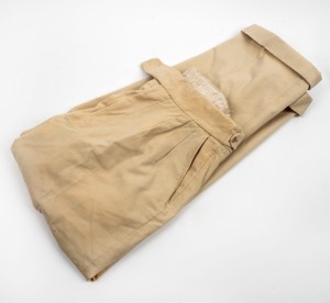 An early pair of Clarrie Grimmett's pure wool cricket flannel trousers; marked C.V.G. in manuscript to the back inside waistband; with "Daks" maker's label.