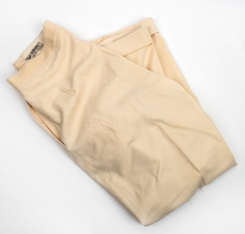 A pair of Clarrie Grimmett's pure wool cricket flannel trousers, circa 1930; with Kaylo "GRIPU" label to rear waistband.