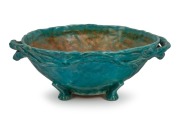 JOLLIFF turquoise pottery fruit bowl with windswept branch handles,  incised "Hand Built By Jolliff 1940, F.E.C.", 11.5cm high, 31cm wide