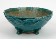 JOLLIFF turquoise pottery fruit bowl with windswept branch handles,  incised "Hand Built By Jolliff 1940, F.E.C.", 11.5cm high, 31cm wide - 2