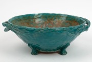 JOLLIFF turquoise pottery fruit bowl with windswept branch handles,  incised "Hand Built By Jolliff 1940, F.E.C.", 11.5cm high, 31cm wide - 3