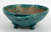 JOLLIFF turquoise pottery fruit bowl with windswept branch handles,  incised "Hand Built By Jolliff 1940, F.E.C.", 11.5cm high, 31cm wide - 4