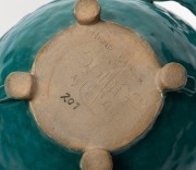 JOLLIFF turquoise pottery fruit bowl with windswept branch handles,  incised "Hand Built By Jolliff 1940, F.E.C.", 11.5cm high, 31cm wide - 5