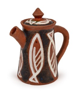 MICHAEL LEUNIG rare pottery coffee pot with fish decoration, incised "M. Leunig", 18cm high