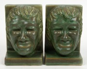 MELROSE WARE pair of green glazed face mask bookends, stamped "Melrose Ware, Australian", ​​​​​​​18cm high - 4