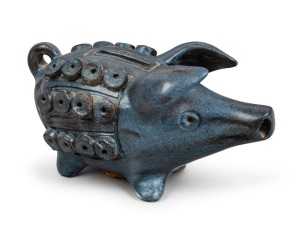 McLAREN blue glazed pottery piggy bank, incised "McL", ​​​​​​​11cm high, 20cm long