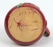 REMUED pottery jug in vibrant pink and lime green glaze with applied gumnut, leaf decoration and branch handle, incised "Remued 173SM", 7.5cm high, 13cm wide - 5