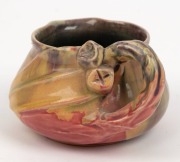 REMUED pottery jug with applied gumnuts, leaf and branch handle, unusual pink, mauve and mustard glaze with green interior, incised "Remued", 7cm high, 13cm wide - 2