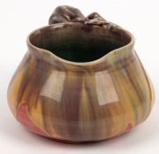 REMUED pottery jug with applied gumnuts, leaf and branch handle, unusual pink, mauve and mustard glaze with green interior, incised "Remued", 7cm high, 13cm wide - 4