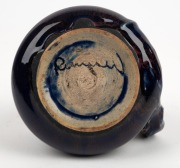 REMUED pottery jug with applied gumnuts, leaves and branch handle, in dark blue glaze with pink highlights, incised "Remued", 7.5cm high, 12.5cm wide - 3