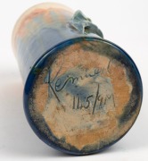 REMUED cylindrical pottery vase with applied gumnuts and leaf, glazed in blue, cream and orange, incised "Remued, 145/9M", 21cm high - 4