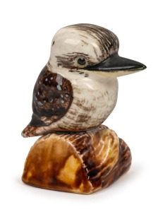 GRACE SECCOMBE pottery statue of a kookaburra on a log, incised "Grace Seccombe, N.S.W., Australia" with original paper label "No.2, Grace Seccombe", 7cm high